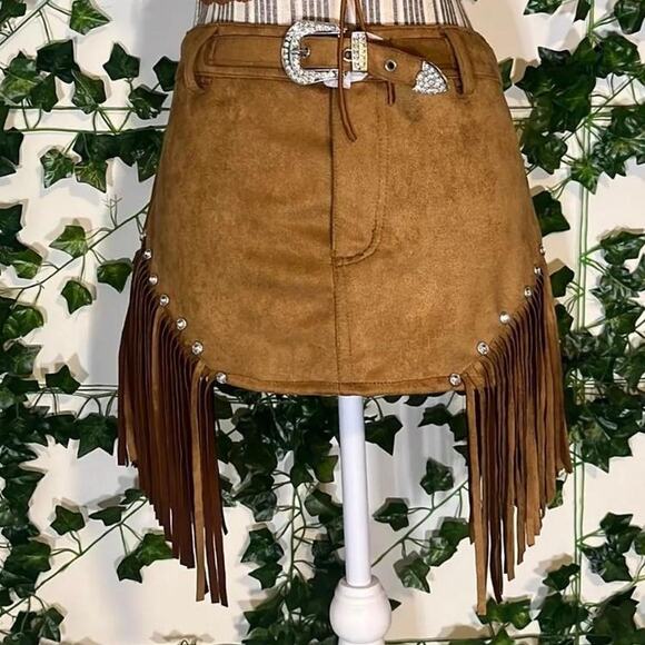 New forever21 brown fringe suede festival mini skirt - Picture 1 of 1